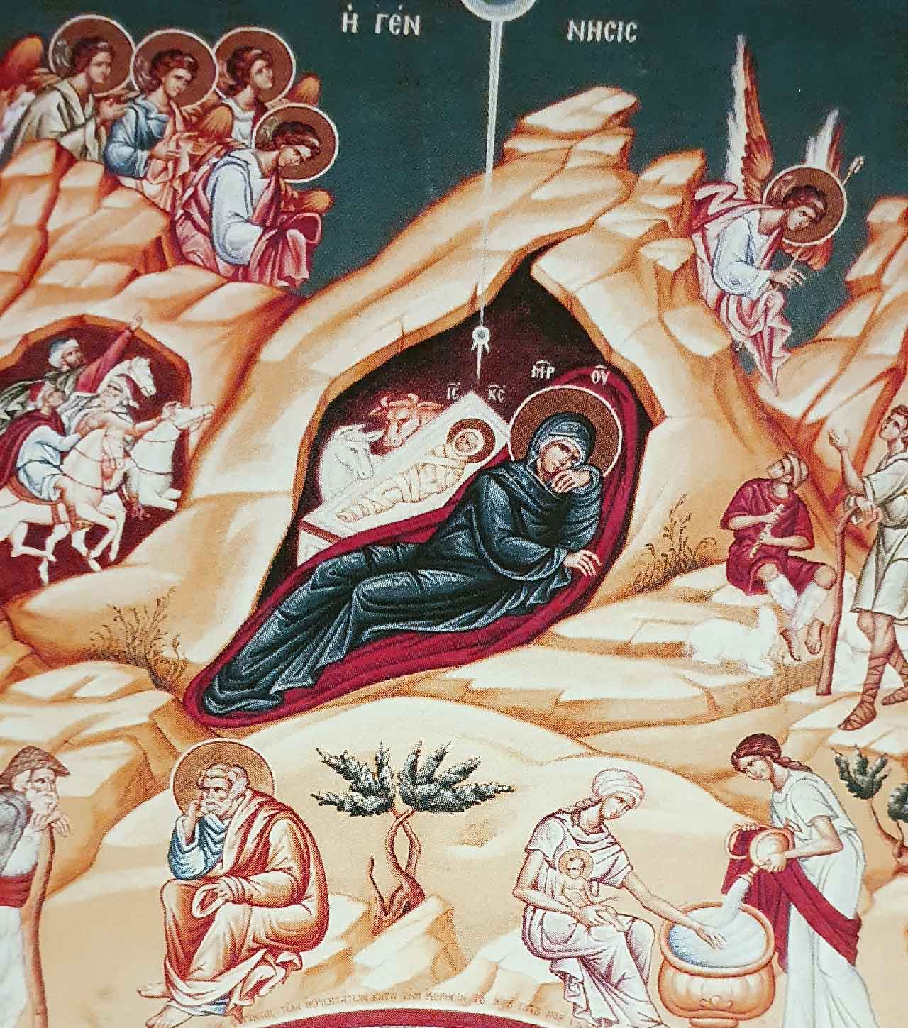 Η απεικόνιση της Γέννησης του Χριστού - Αγιογραφία στον Ιερό Ναό του Αγίου Ανδρέου Ντύσσελντορφ - Από το βιβλίο «Εικόνων Μυσταγωγία» του πατρός Ιωάννου Ψαράκη.